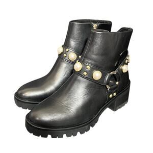 Karl Lagerfeld Paris Pixie Embellished Moto Booties‎ Black Leather Womens 6.5